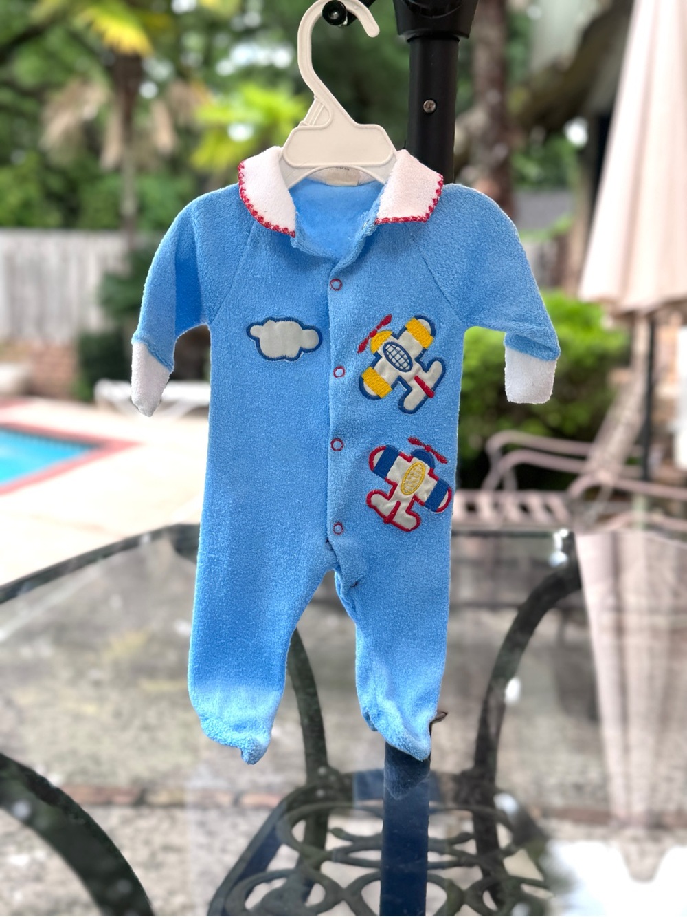 Super Cute Vintage Blue Infant Terry Cloth Footed One-Piece with Toy Airplanes.